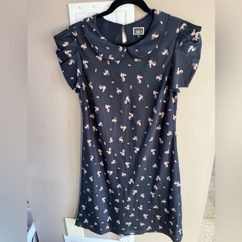 Peter Pan collar Black Dress with Squirrel and Rabbit Print